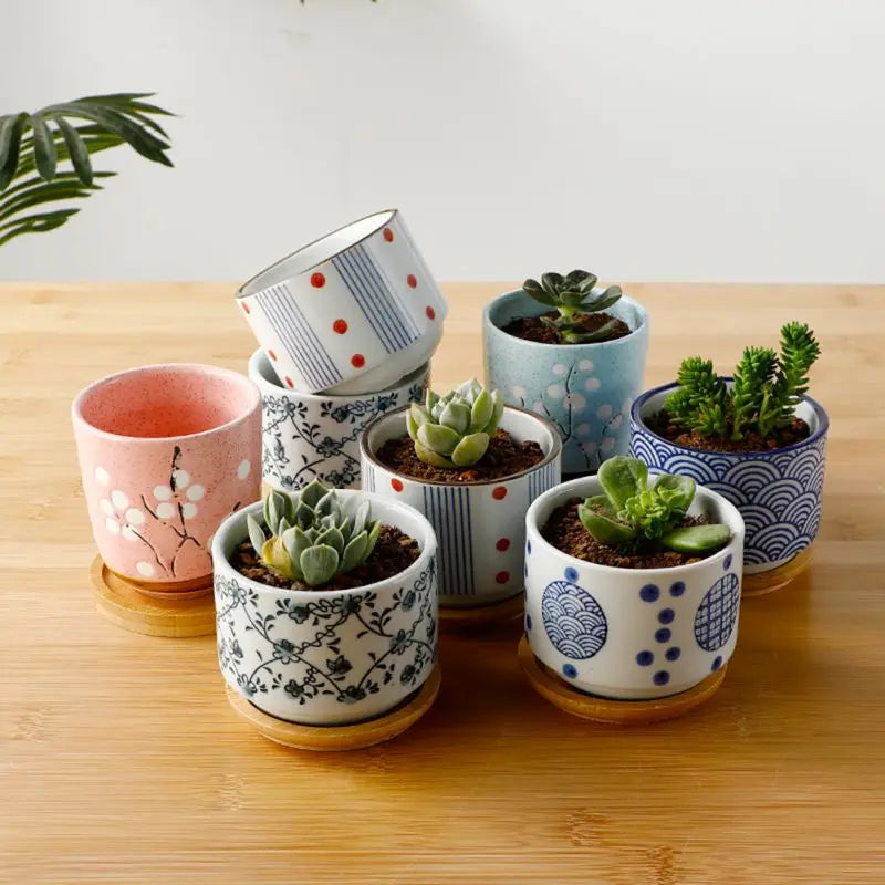 Cute Ceramic Garden Pot, Succulent Planter 
Desktop Plant Planter Pot With Bamboo Tray Home Garden Decoration