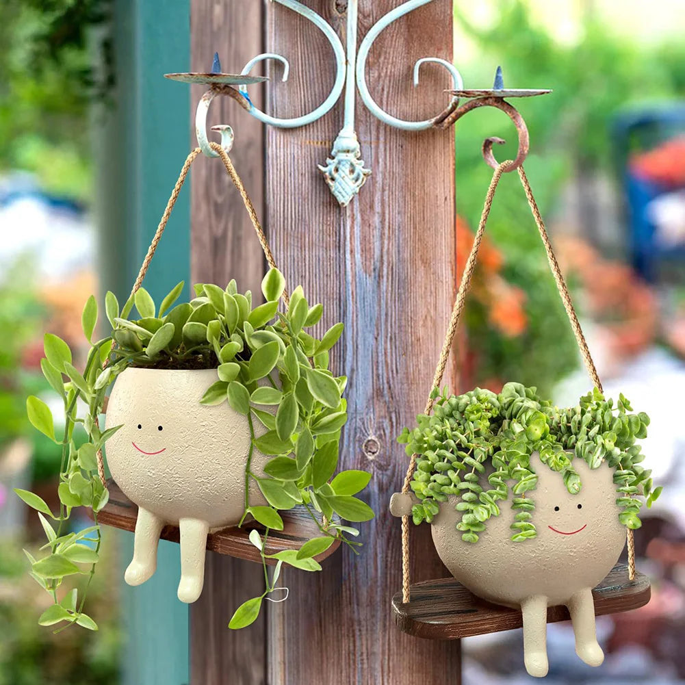 Lovely Swing Face Planter Pot with Twine Creative Resin Succulent Plants Hanging Planter Home Decoration for Indoor and Outdoor