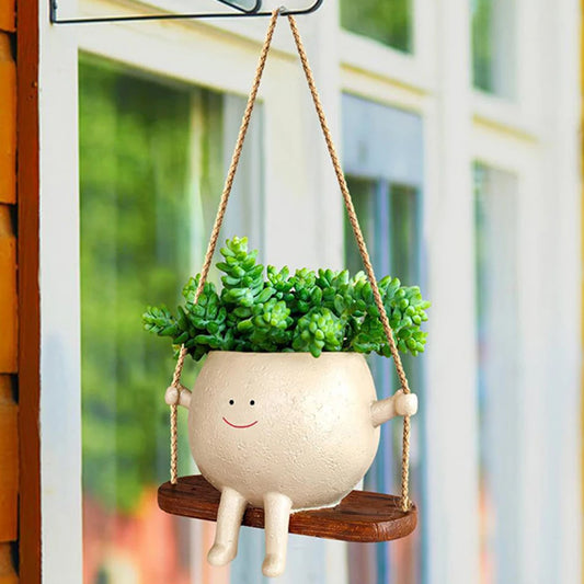 Lovely Swing Face Planter Pot with Twine Creative Resin Succulent Plants Hanging Planter Home Decoration for Indoor and Outdoor